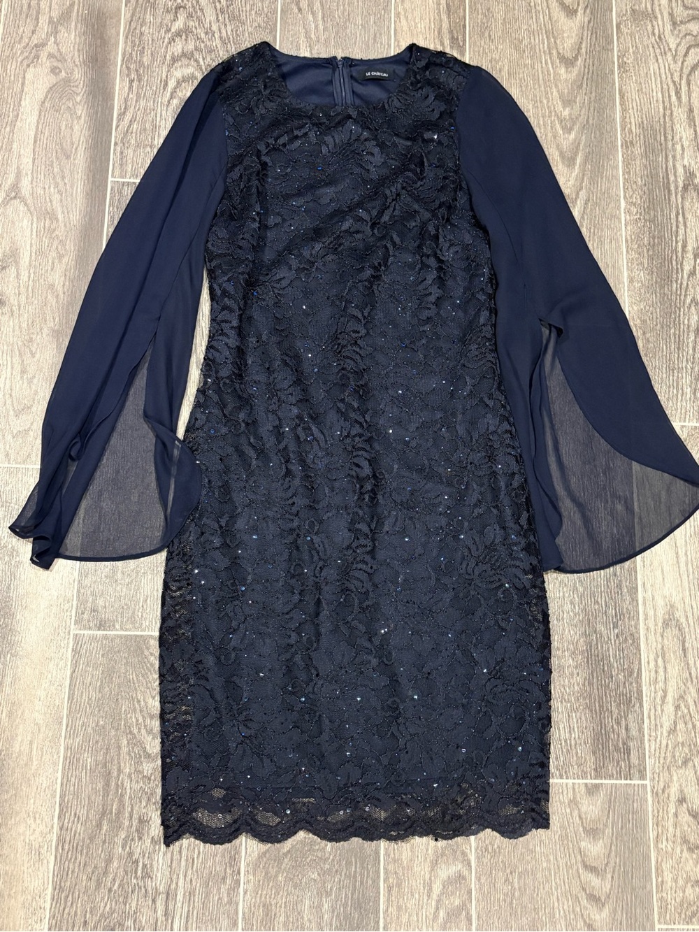 le chateau Navy Lace Sheath Dress with Chiffon Long Sleeves
